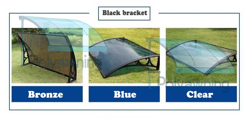 Staffa per tenda da sole in policarbonato nero abbinata a una varietà di pannelli di copertura colorati.