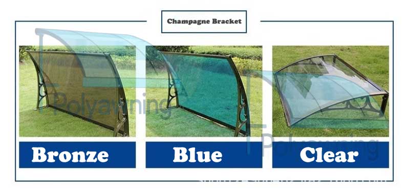 Staffa per tenda color champagne abbinata a vari colori di lastre di policarbonato.