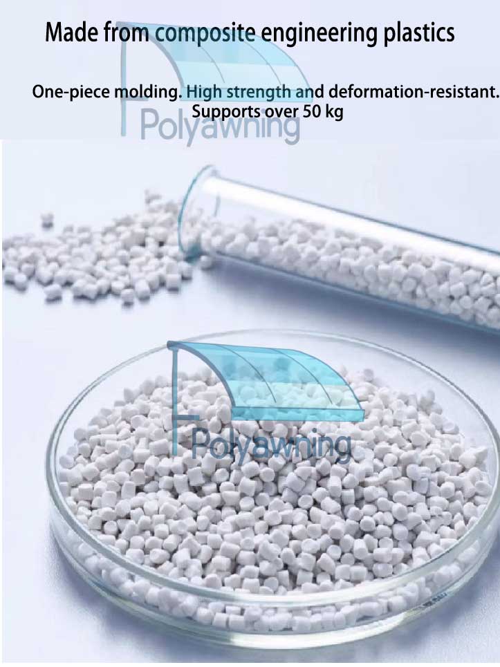 Pellet di plastica composita bianchi in scatola trasparente che rappresentano il materiale del telaio della tenda da sole