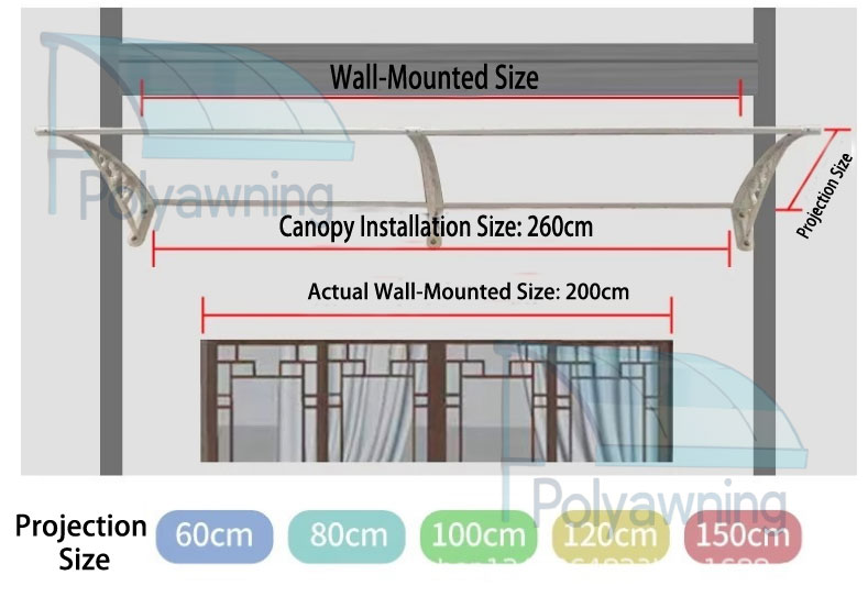 Dimostrazione delle dimensioni di installazione e di montaggio a parete della pensilina. Le dimensioni di installazione della pensilina sono di 260 cm, mentre le dimensioni effettive di montaggio a parete sono di 200 cm con una sporgenza.