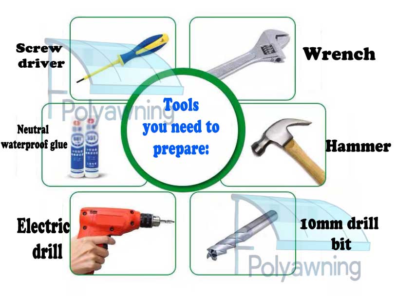 Kit di attrezzi per l'installazione della tenda da sole, comprendente cacciavite, chiave, martello, trapano e colla impermeabile.