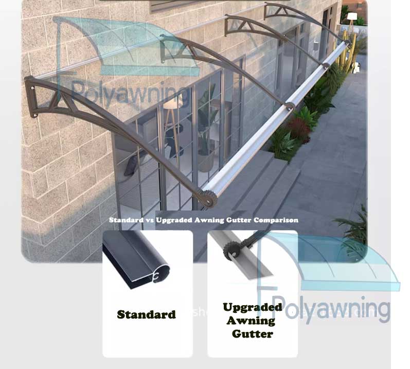 Comparison image showing standard awning with basic aluminum strip vs upgraded model with integrated front gutter for improved drainage.