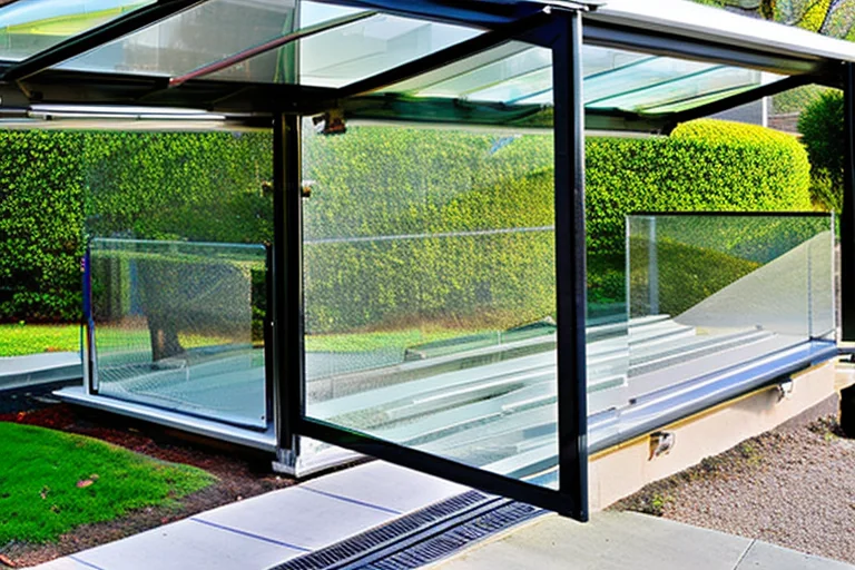 A homeowner enjoying a covered patio under a sleek, multi-panel polycarbonate awning with an aluminum frame.