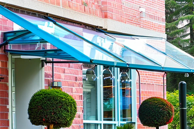 Installer securing a sturdy aluminum frame polycarbonate awning during a windy day